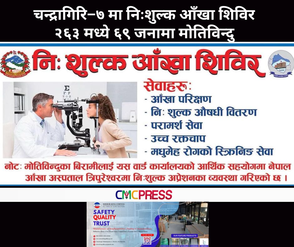 चन्द्रागिरि–७ मा निःशुल्क आँखा शिविर, २ सय ६३ परीक्षणमा ६९ जनामा मोतिविन्दु